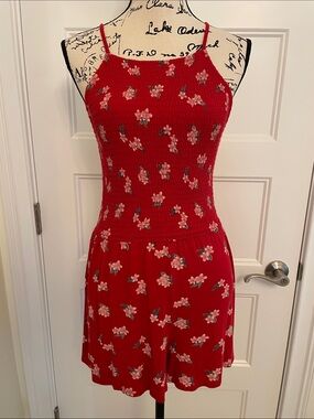 Hollister Red Floral Smocked Cami Romper